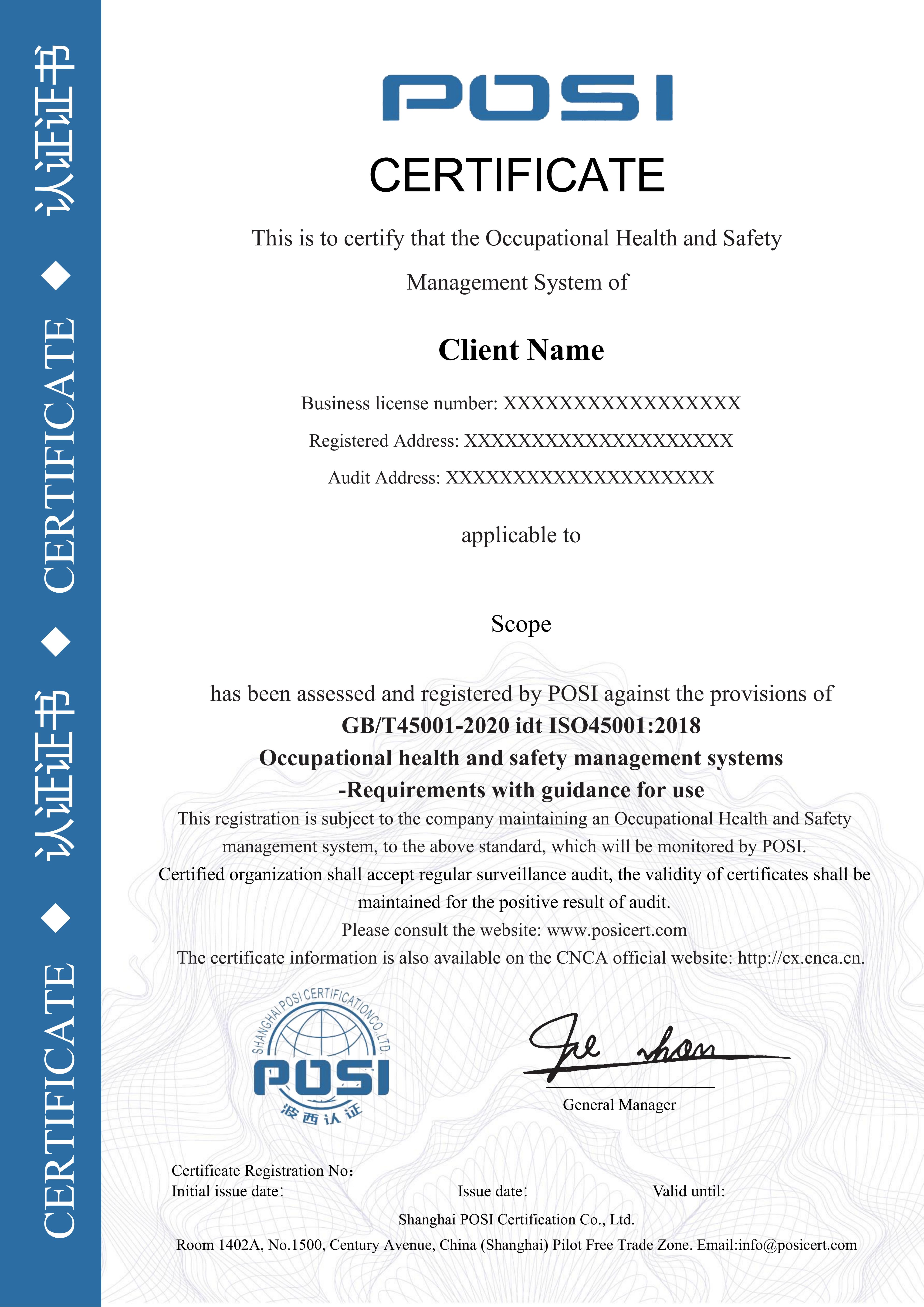 45001 Certificate Sample